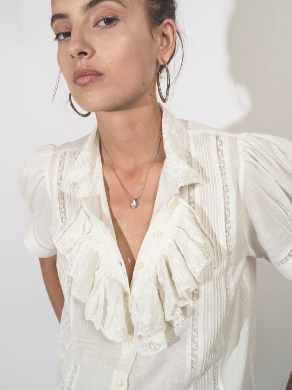 THE GREAT White Floral Embroidered Ruffle Cotton Button Down Kindred Blouse Top - Picture 8 of 17